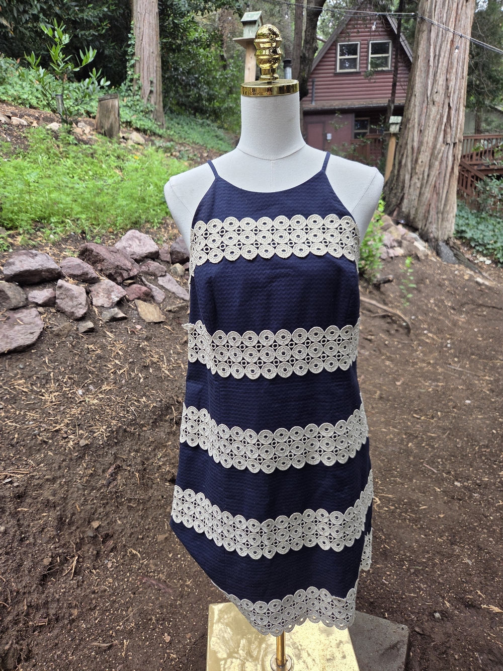 Lily Pulitzer 100% Cotton Annabelle Shift Navy Blue Lace Shift Dress Size 8